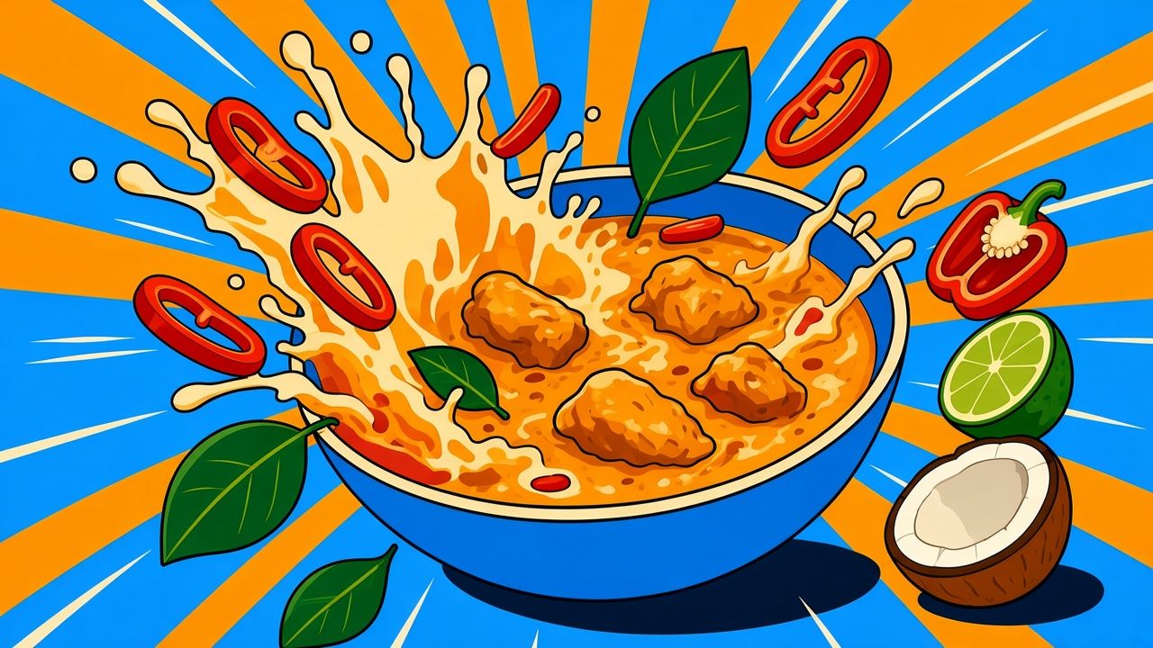 Illustration colorée d’un cari panang qui éclabousse, avec poivron rouge, lime kaffir et noix de coco